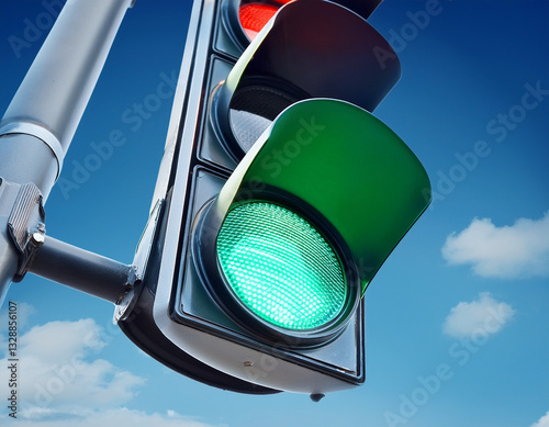 Contrapicado de un semaforo de trafico de ciudad con luz verde regulando el paso para seguridad vial con fondo de un cielo azul y nubes