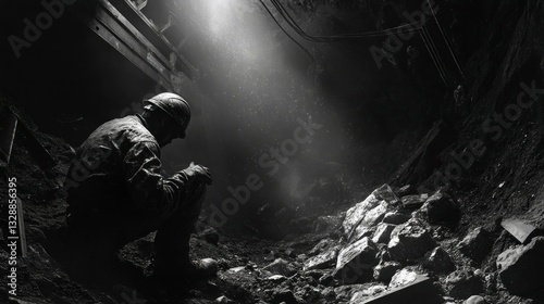 Mining accident miner trapped under fallen debris underground tunnel black and white photography industrial environment side view safety concerns