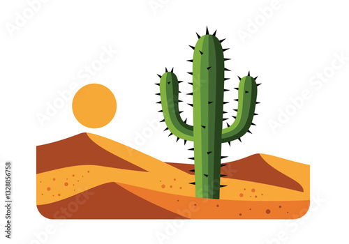 Cactus desert clipart. A green cactus with spines stands in a desert landscape with sand dunes and a setting sun. Vector illustration design.