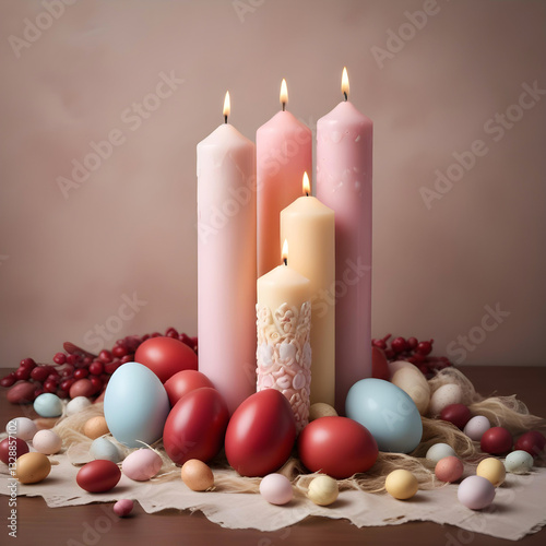 Pastel Easter eggs and candles composition
