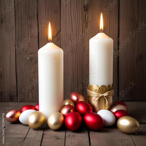 Easter burning candles with red and gold eggs decoration