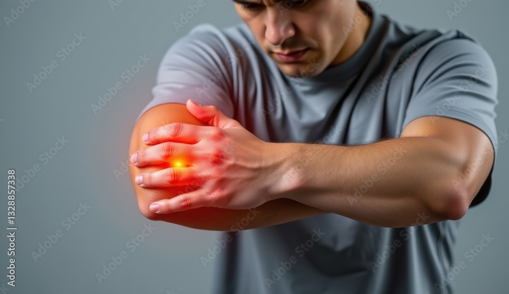 Man Gripping His Elbow in Pain with a Light Effect Indicating Injury