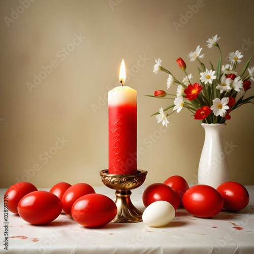 Spring background red Easter eggs and candle decor
