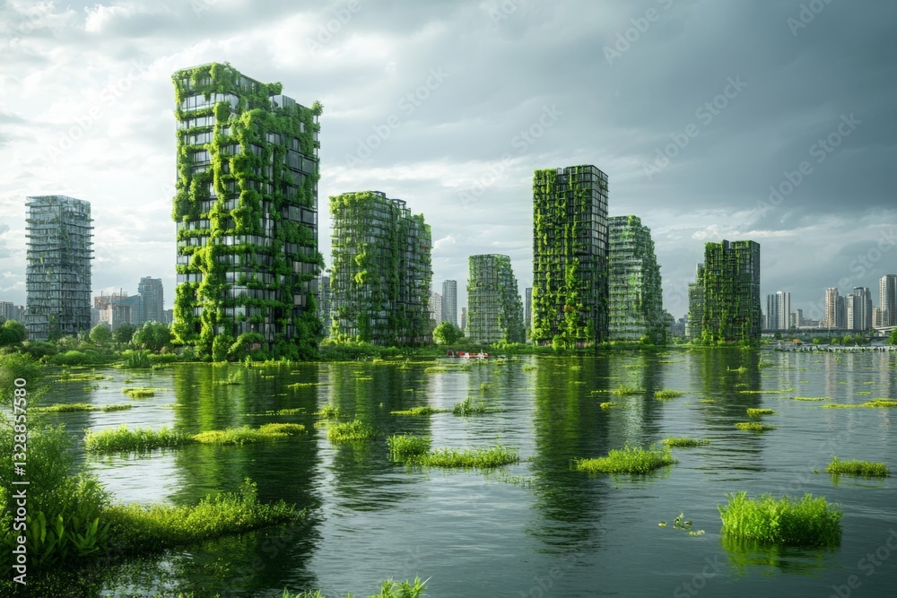 Fototapeta premium Urban landscape featuring eco-friendly architecture surrounded by water and greenery in a modern city environment