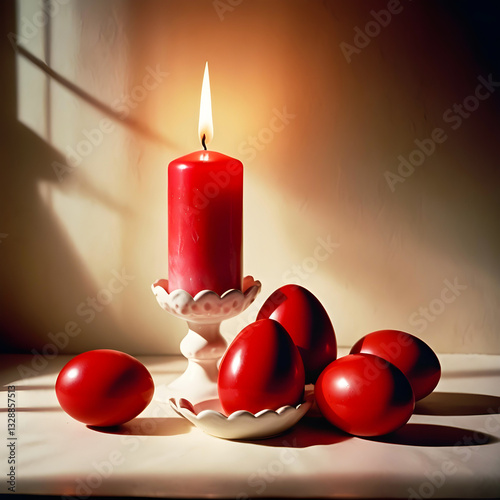 Traditional Easter red eggs and candle decor