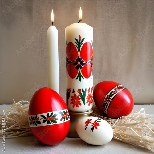 Painted candle and Easter eggs