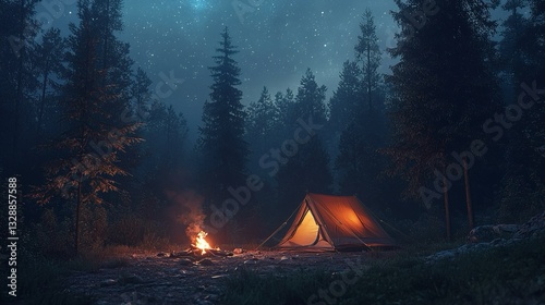 Esperienza di campeggio e avventura in una tenda illuminata, allestita in una foresta, sotto il cielo buio della notte stellato.
