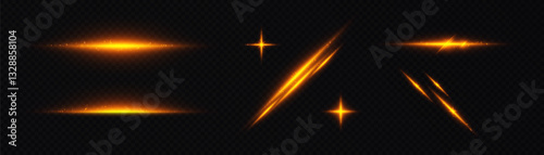 Set of bright yellow flashes of light on black background. Vector glow effect of flickering glare. Abstract ignition of lens flare.