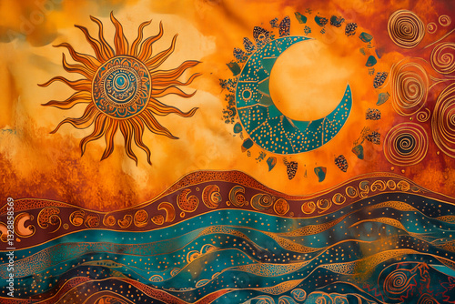 
An artistic Bolivian-inspired fabric print, incorporating Pachamama symbols, sacred sun and moon icons, intricate swirls and dots, and natural elements like coca leaves and river waves