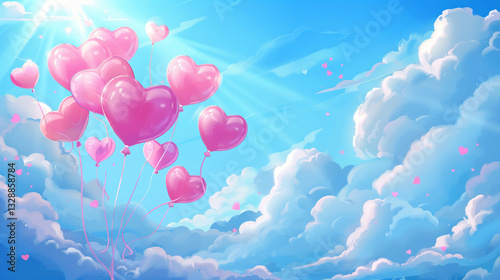 Heart-shaped balloons float serenely in a bright blue sky with fluffy clouds and soft sunlight shining down