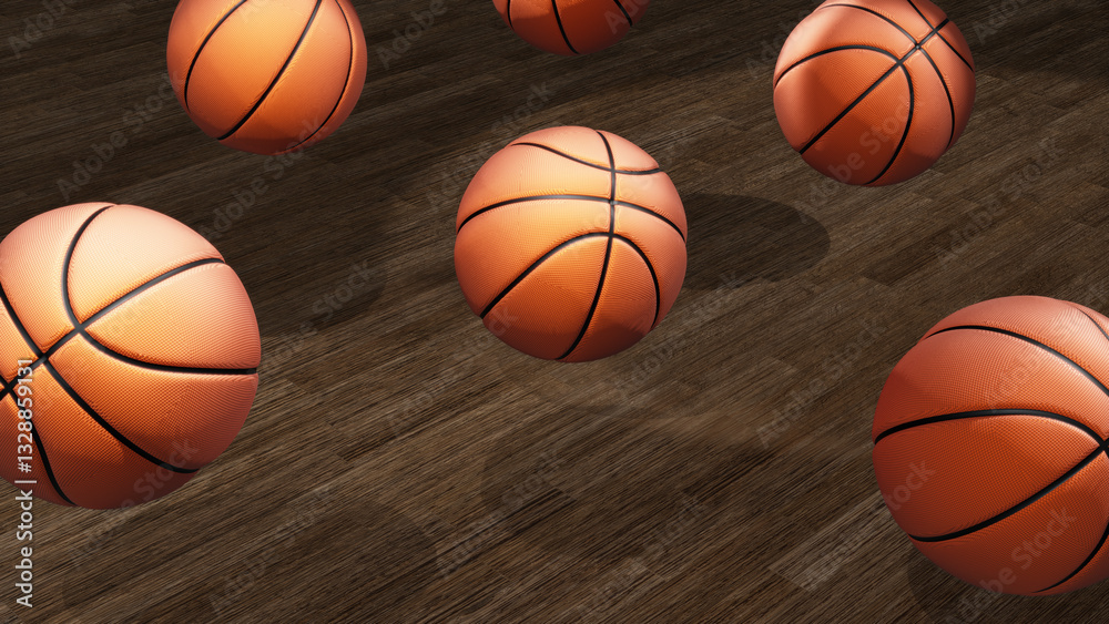 The concept art image of bouncing some basketballs on the wooden floor created by 3D modeling materials and physics simulation with raytracing lights. The concept art image of bouncing some basketballs on the wooden floor created by 3D modeling materials and physics simulation with raytracing lights.