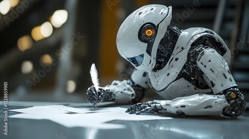 Robot perched on a table while utilizing a feather pen to write in a creative atmosphere full of inspiration