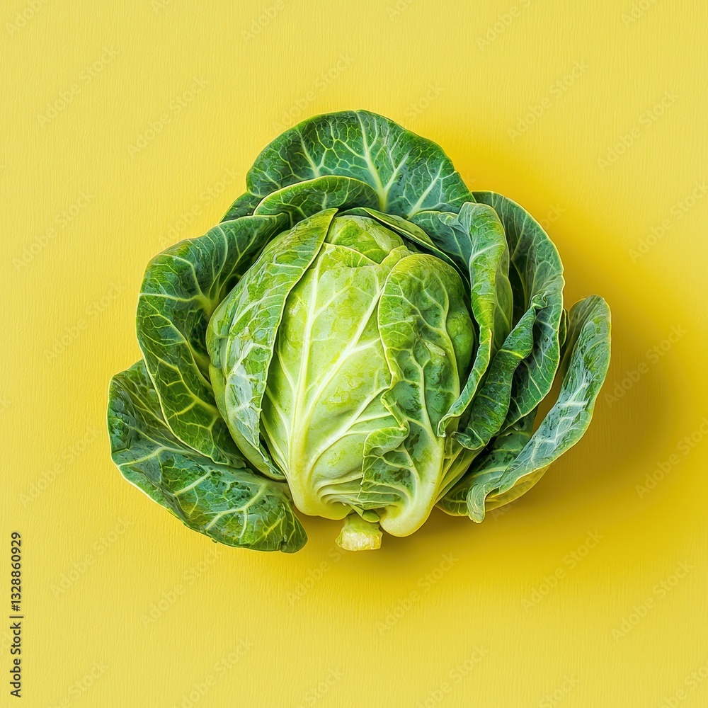 Fototapeta premium Fresh Green Cabbage on Bright Yellow Background for Culinary Use