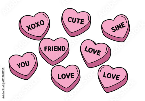 Conversation heart candy clipart. Pink heart-shaped candies with words like "XOXO," "CUTE," "SINE," "YOU," "FRIEND," and "LOVE." Vector illustration design.