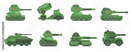 The image contains a set of military vehicles, including various types of tanks and armored vehicles, illustrated in a flat and minimalistic style.