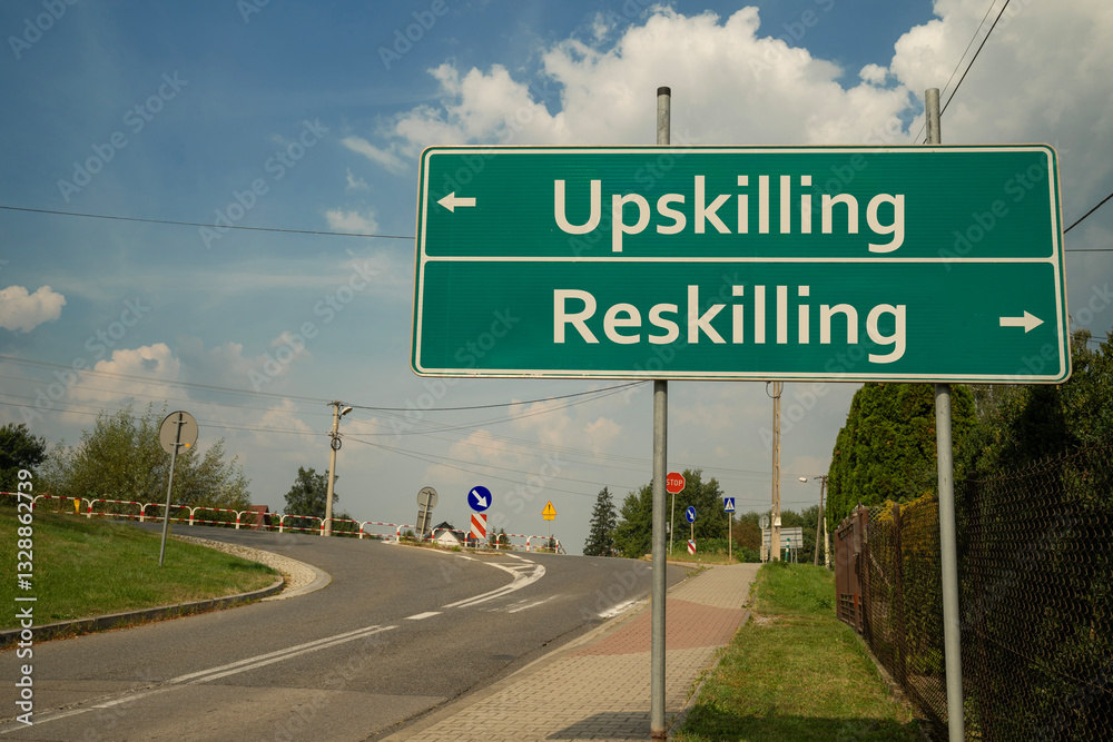 znak drogowy z kierunkami w lewo i w prawo z napisem Upskilling i Reskilling.