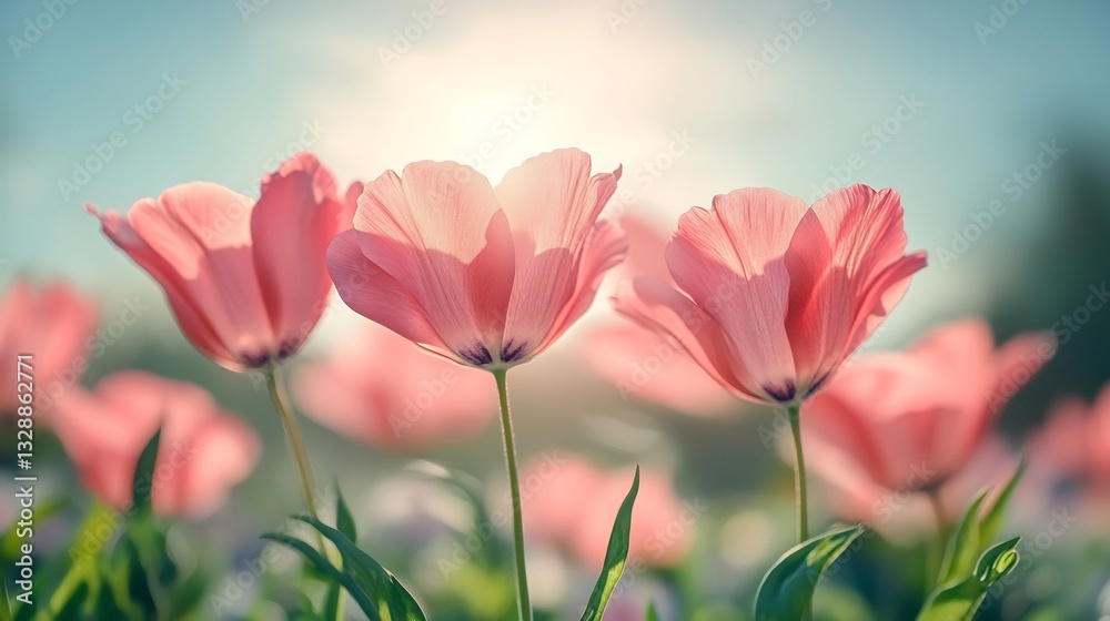 Obraz premium Soft pink flowers bask gently in warm sunlight peaceful serene field. AI Generated
