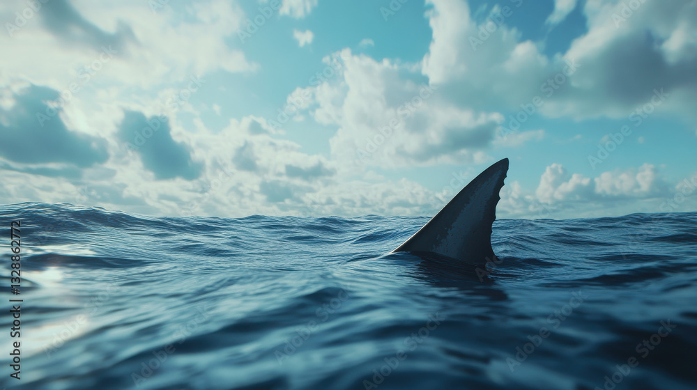Naklejka premium A shark fin breaks the surface of the calm ocean water, surrounded by gentle waves. The sky features fluffy white clouds illuminated by bright sunlight, creating a serene atmosphere