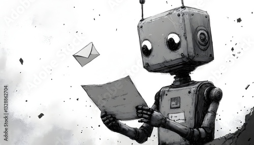 A detailed illustration of a robot holding a piece of paper while engaged in reading a letter received from someone