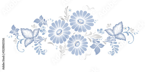 Blue leaves and berries, a floral bouquet with twigs. An ornament in the Russian style isolated on a white background. Watercolor digital illustration. People's traditional Slavic Flower Motive.
