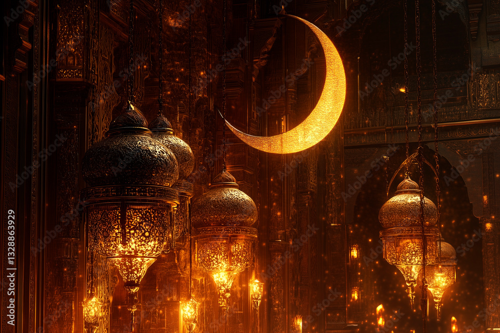 Fototapeta premium golden lanterns, crescent moon, intricate Arabic calligraphy, warm glowing ambiance