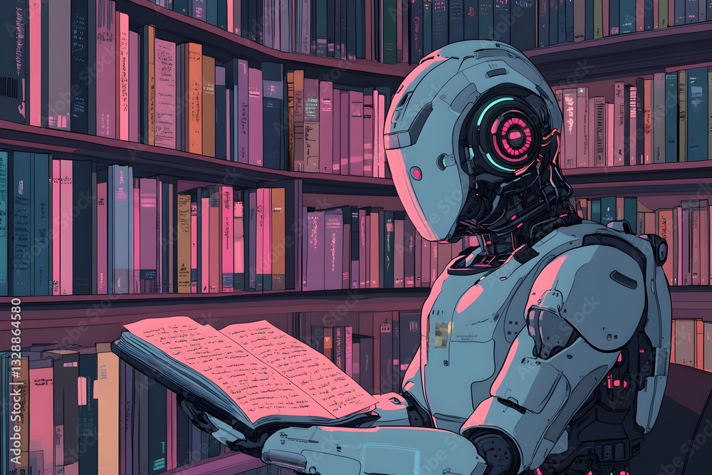 A robot enthusiastically reading a book in a colorful illustration demonstrating ai engaging with literature and learning A robot enthusiastically reading a book in a colorful illustration demonstrating ai engaging with literature and learning