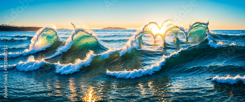 ocean waves heart at sunset