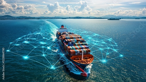 Container Ship with Digital Network Overlay at Sea