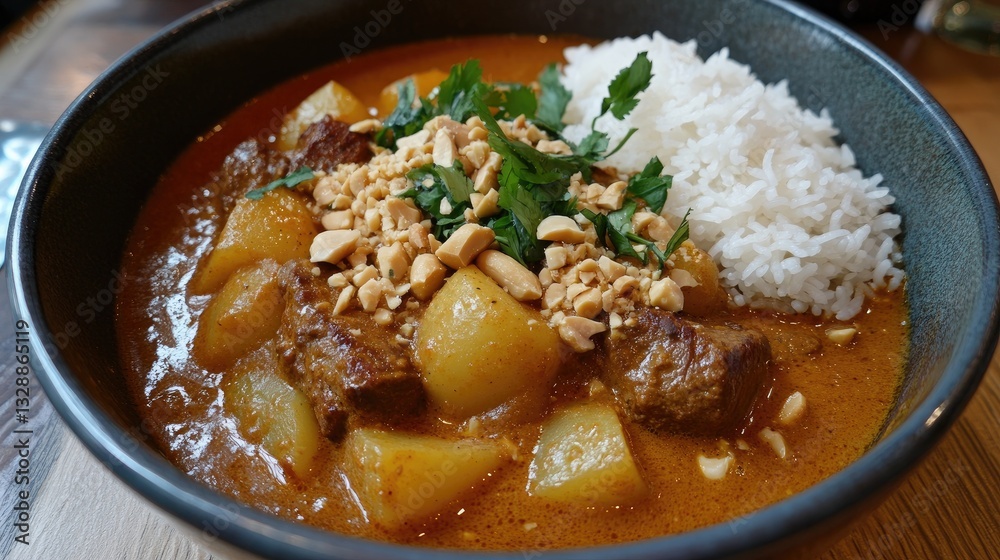 Delicious and Flavorful Coconut Curry with Tender Meat, Potatoes, Peanuts, and Fresh Cilantro Served with Jasmine Rice