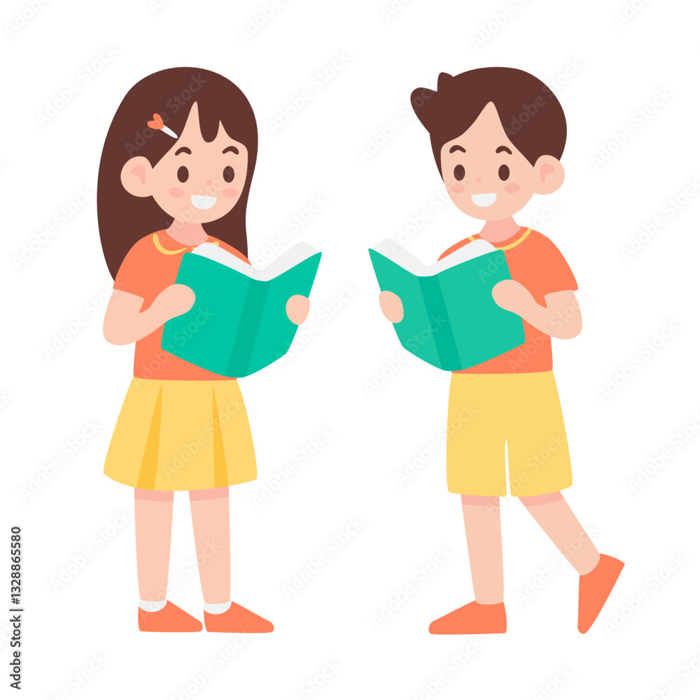 Happy children reading books together in casual outfits with smiling expressions Happy children reading books together in casual outfits with smiling expressions