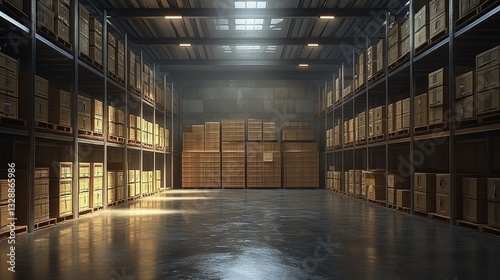 Warehouse interior, stacked boxes, inventory storage, logistics, distribution center, sunlight beams, concrete floor, industrial setting