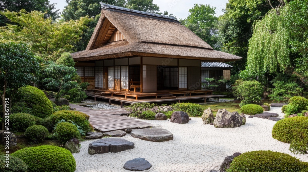 A charming photo of a traditional Japanese tea house with a thatched roof and wooden veranda, surrounded by a serene garden with carefully arranged stones and plants. A charming photo of a traditional Japanese tea house with a thatched roof and wooden veranda, surrounded by a serene garden with carefully arranged stones and plants.