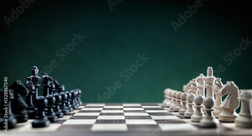 Tableau sur toile Chess pieces on chess board at begining of game, competition, planning and strat