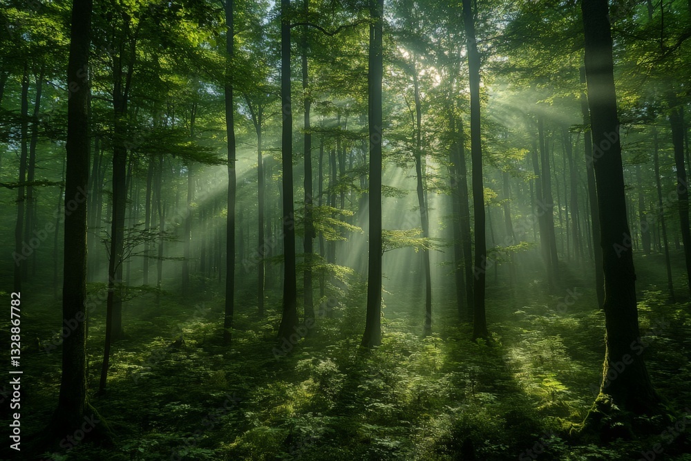 Fototapeta premium Sunlight beams shining through dense forest trees in a tranquil morning setting