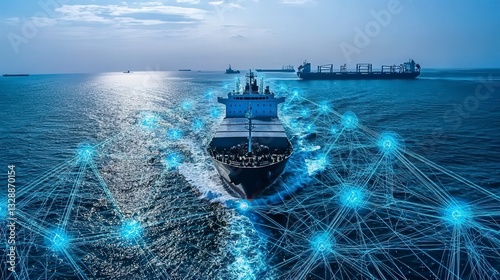 Container ship surrounded by glowing network at sea