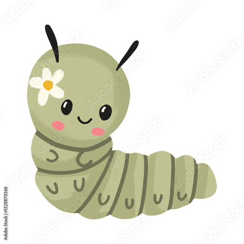 Cute Cartoon Caterpillar with Flower on Head