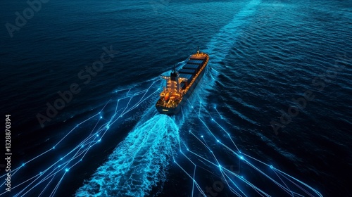 Illuminated ship with futuristic network on water