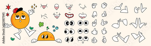 Set of 70s groovy comic vector. Collection of cartoon character faces in different emotions, hand, glove, glasses, hat, shoes. Cute retro groovy hippie illustration for decorative, sticker.