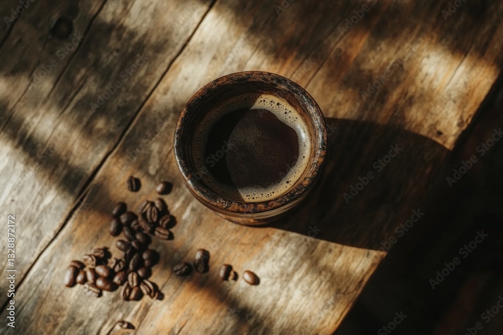 Naklejka premium Freshly brewed coffee in a rustic mug beside scattered coffee beans on a wooden table in warm sunlight