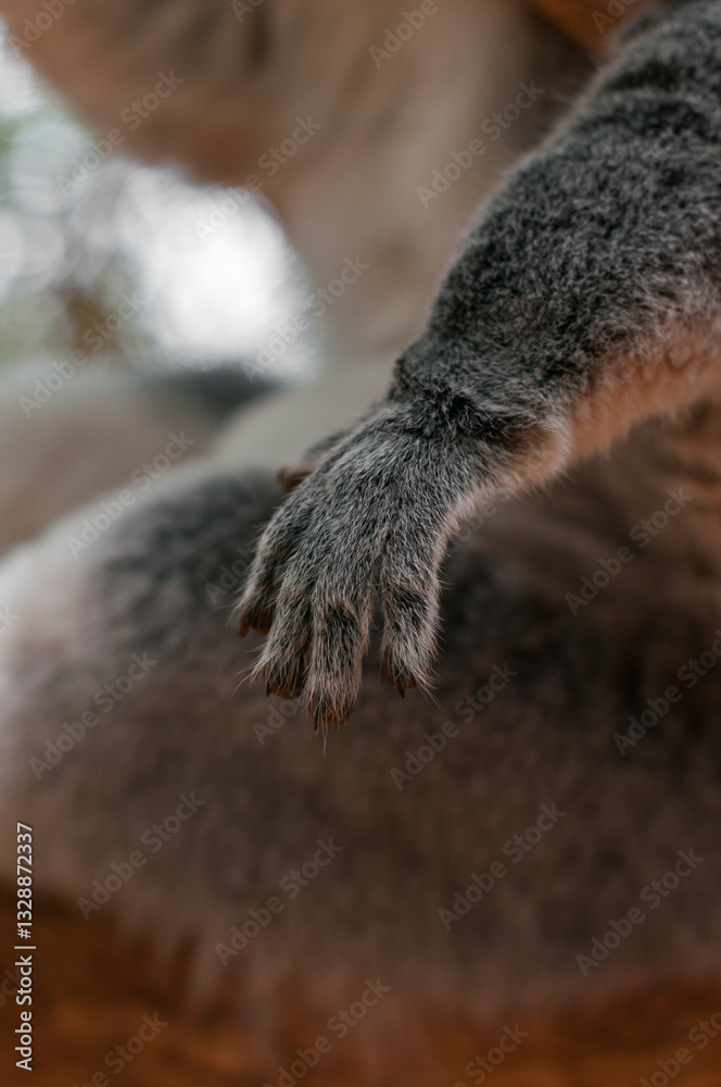 Fototapeta premium Close-up of a ring-tailed lemur's paw, showing intricate details of fur and fingers