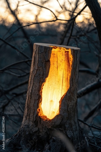 A tree trunk with a hollowed-out center, suitable for outdoor or rustic-themed designs
