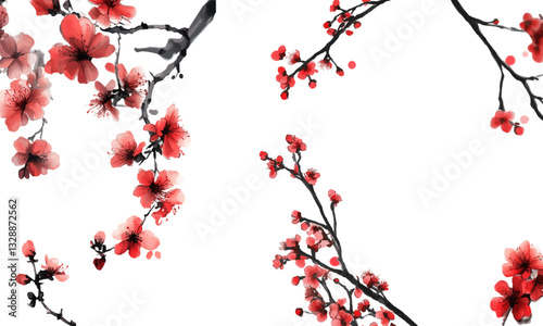 Plum blossom, ink painting style, red flowers on white background