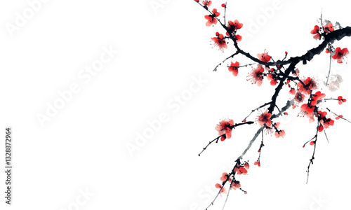 Plum blossom, ink painting style, red flowers on white background