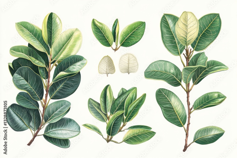 Naklejka premium Illustration showcasing parts of Ficus elastica plant including leaves and branches