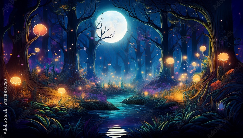 Obraz premium Enchanted forest glowing under a full moon, with tiny magical lights dancing in the air, creating a mystical and captivating atmosphere
