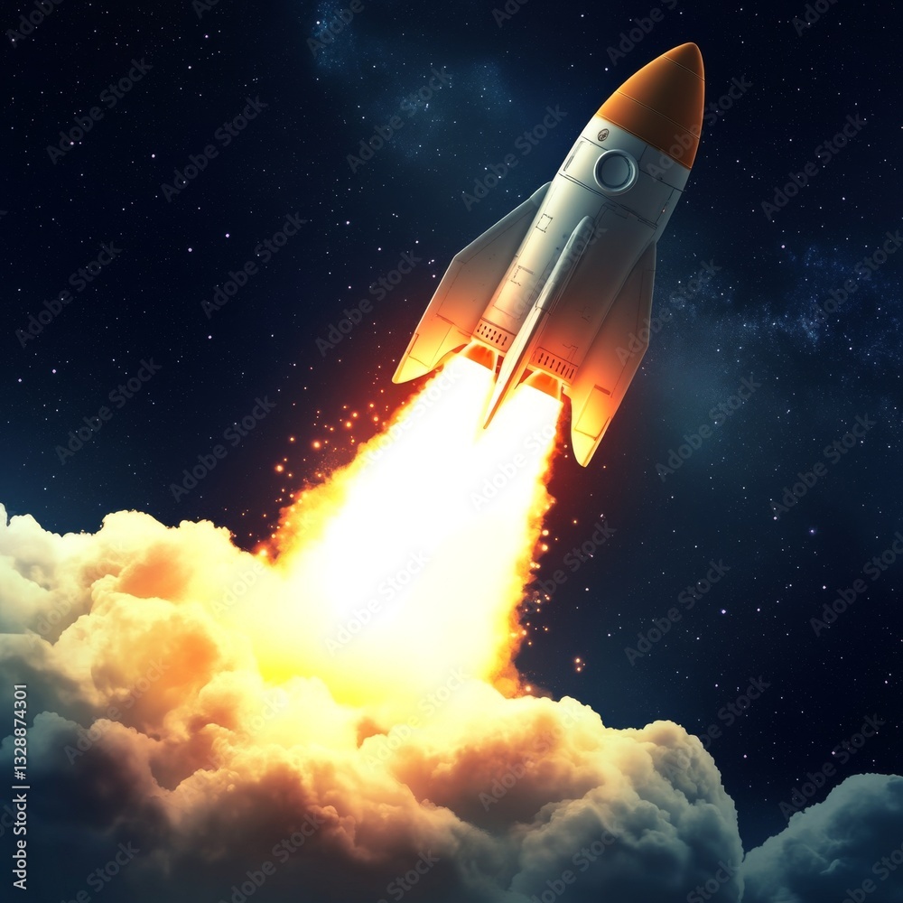 Naklejka premium Rocket launching into the night sky. Flames and clouds engulfing the vehicle
