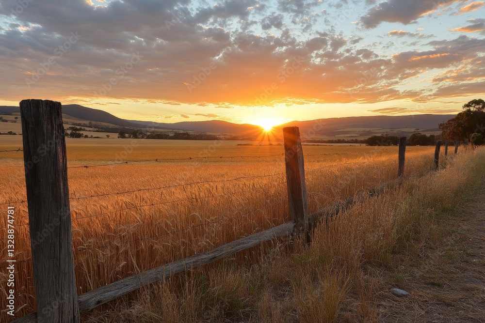 Golden sunset over wheat fields with wooden fence in a tranquil rural landscape Golden sunset over wheat fields with wooden fence in a tranquil rural landscape