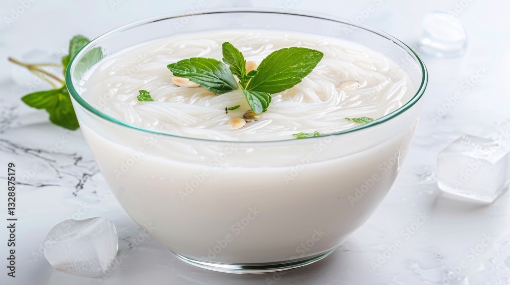 Aesthetic Thai dessert photography of Lod Chong delicate green pandan rice noodles submerged in a chilled bowl of creamy coconut milk. Served in a clear glass bowl on a marble tabletop with scattered Aesthetic Thai dessert photography of Lod Chong delicate green pandan rice noodles submerged in a chilled bowl of creamy coconut milk. Served in a clear glass bowl on a marble tabletop with scattered