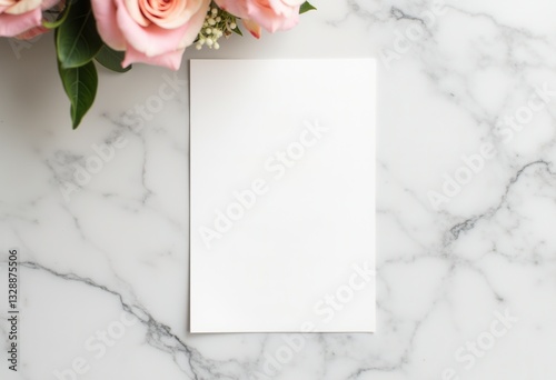 Blank paper mockup on marble surface with pink roses