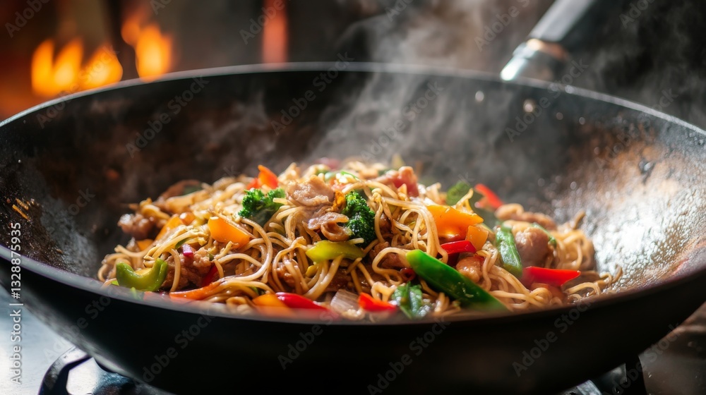 A high-quality image of a traditional noodle stir-fry with colorful vegetables, meat, and a savory sauce, served in a hot wok and ready to be enjoyed. A high-quality image of a traditional noodle stir-fry with colorful vegetables, meat, and a savory sauce, served in a hot wok and ready to be enjoyed.